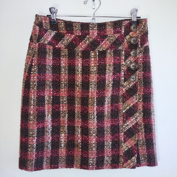 LOFT Chocolate Brown Plaid Wool Mini Skirt Collegiate Schoolgirl Preppy  Size 2 - Picture 3 of 9